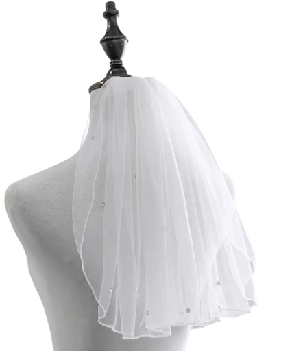 Short Wedding Veil Single Layer Tulle With Comb Decorated With Crystals Delicate Mesh White Elegant Accessory For Bride