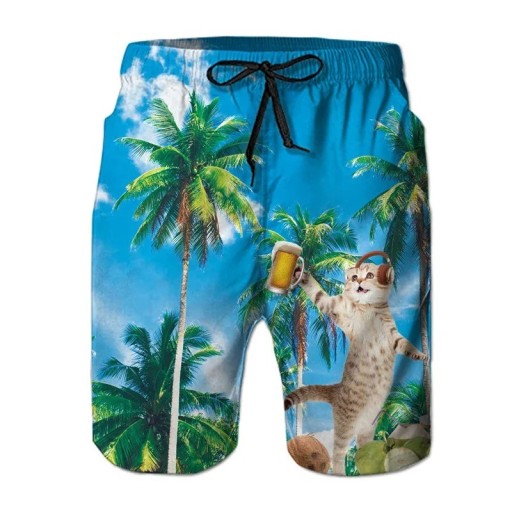 Shorts de bain pour garçons bleus en polyester avec impression de chat avec de la bière, à lacets, shorts d'été pour la mer et la piscine