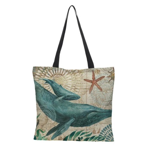 Shoulder Bag 40 x 40 cm Whale Print Beach Bag Linen Look Polyester Fabric Shopping Bag Without Gusset