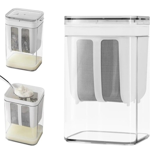 Sieb für griechischen Joghurt mit herausnehmbarer Abtropfvorrichtung und Deckel mit einem Volumen von 1100 ml und Abmessungen von 10,8 x 9 x 17,6 cm in weißer Ausführung