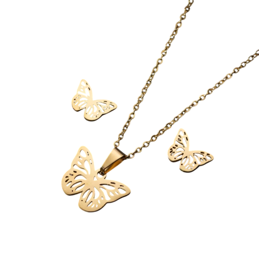 Signatuur vlinder sieradenset Ketting 45 cm en oorbellen van roestvrij staal voor vrouwen en meisjes Zomer strand trouw cadeau Modeaccessoire