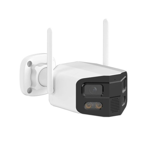 Sikkerheds-WiFi-kamera med dualobjektiv 4 MP vidvinkel 180° plastik sort hvid udendørs overvågning med tovejskommunikation