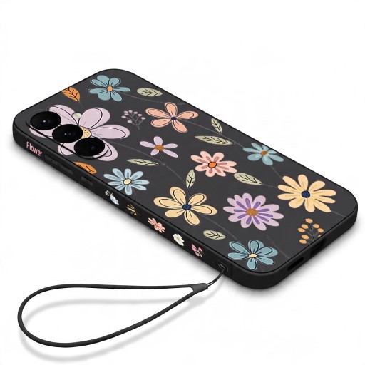Silikoncover til Samsung Galaxy S24 med håndledssnor og motiv af tegnede blomster, beskyttelse af kameraet