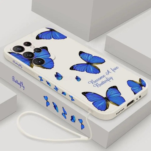 Silikonecover med blåt sommerfuglemotiv til Samsung Galaxy S23 Ultra, hvid