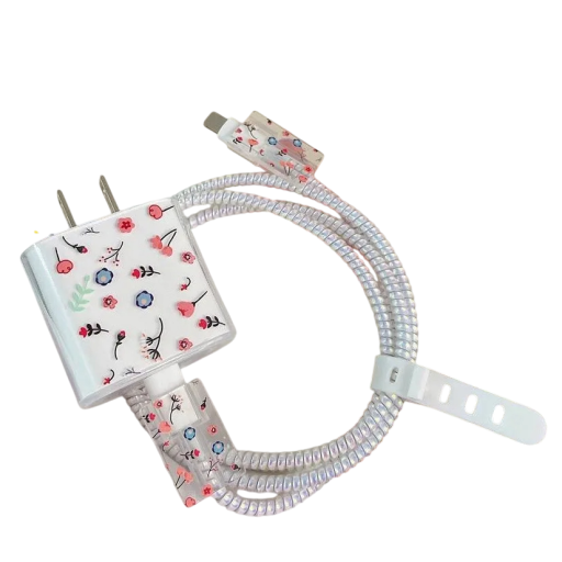 Silikonenhuls voor oplader en kabels met bloemenmotief Transparante hoes met kleine bloemen Bescherming voor iPhone