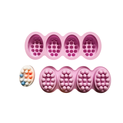 Silikonform til støbning af sæbe og lys Massageoval 4 rum 28,6 x 10,7 x 4,3 cm pink eller grøn