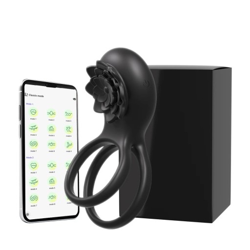Silikoninen värähtelevä kuristusrengas ruusunmuotoisella naisenmiehellä, ohjattavissa sovelluksen kautta, 10 tilaa, USB-lataus, vedenpitävä