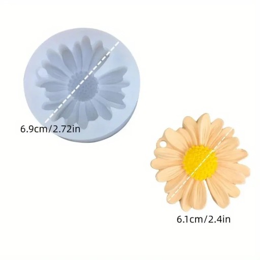 Silikonová formička na mýdlo kulatá průměr 6,9 cm motiv květiny kopretiny s otvorem na zavěšení pro výrobu mýdla a dekorací