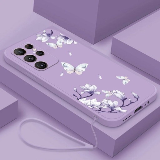 Silikonový kryt s motivem bílých motýlů na Samsung A14 5G, fialová
