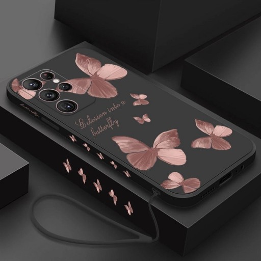 Silikonový kryt s motivem růžových motýlů na Samsung A14 5G, černá