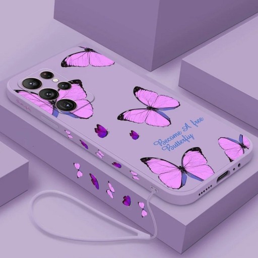 Silikonový kryt s motivem růžových motýlů na Samsung A14 5G, fialová