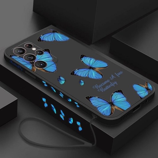 Silikónový kryt s motívom modrých motýľov na Samsung A14 5G, čierna