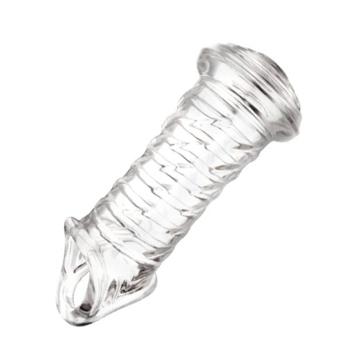 Silikónový návlek na penis s rozšírenou špičkou v tvare hlavy huby a masážnymi krúžkami s úchytom za semenníky v štýle škrtiaceho krúžku Diskrétne balenie