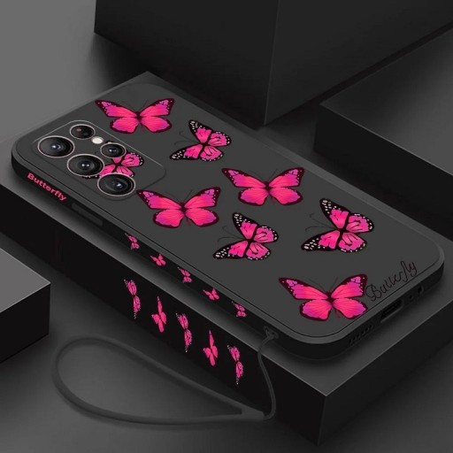 Silikonowe etui z motywem neonowych różowych motyli do Samsunga A14 5G w kolorze czarnym