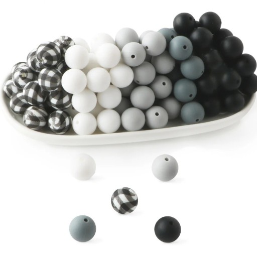 Silikonperlen 15 mm Set 20 Stück Runde schwarze, graue und weiße Perlen in fünf Farben Schmuckherstellung Armbänder, Halsketten und Anhänger