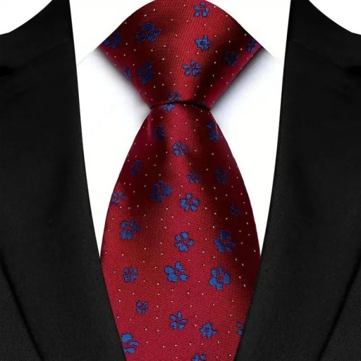 Silk Red Tie with Blue Flowers 145 x 8 cm Luxury Men's Tie Elegant Accessory Quality Silk Business and Social Events