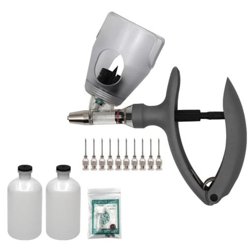 Siringă de vaccinare automată de 5 ml cu piston sferic din oțel, mâner din polimer, conexiune la flacon de până la 100 ml pentru animale de fermă