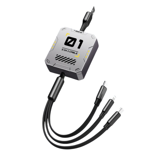 Sisäänvedettävä USB-kaapeli 3in1 1.2m Pikalataus 100W USB - USB C + Lightning + Micro USB Autodatakaapeli Monipuolinen 2A