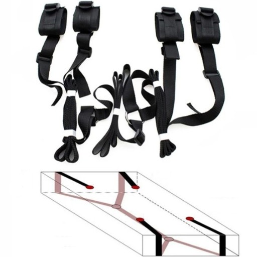 Sistema de cintas têxteis para debaixo do colchão com 4 saídas para algemas com velcro, fixação das mãos e pés, fixação ajustável, embalagem