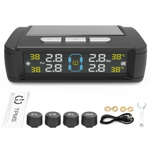 Sistema TPMS solar para coche con pantalla LCD 4 sensores externos Carga USB Monitor de presión y temperatura de neumáticos Instalación inalámbrica