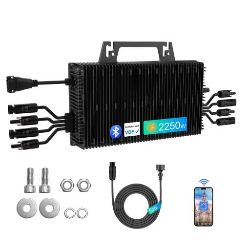 Síťový mikrostřídač 2250 W se 4 vstupy MC4 DC 16-60 V na 190-270 V 342 x 225,4 mm Hliníkové tělo s WiFi a Bluetooth Černý Na balkon