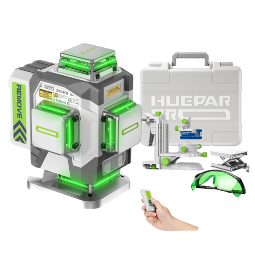Självnivellerande laservattenpass 4D 4 x 360° med grönt laser 505 till 520 nm räckvidd 30 m batteri 8000 mAh och USB-C vit-grön med väska