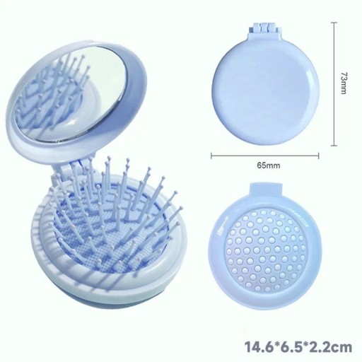 Skládací kulatý hřeben so zrkadlom 14,6 x 6,5 x 2,2 cm Cestovný vymačkávací kartáč s masážnymi zubami Kompaktný hrebienok do kabelky