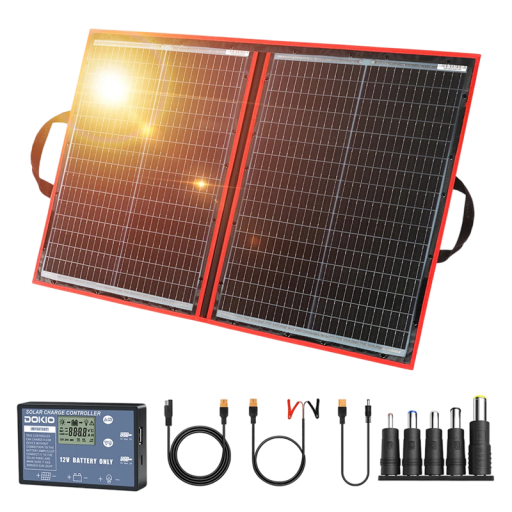 Skládací solární panel 100 W monokrystalický 18 V a 6,1 A rozložený 96 x 66 x 0,6 cm s regulátorem červený na nabíjení 12 V baterie