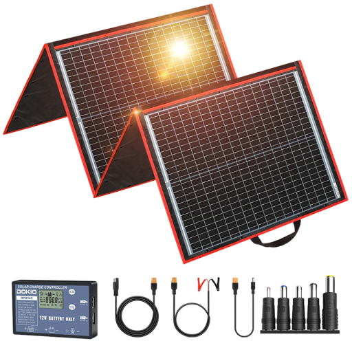 Skládací solární panel 160 W monokrystalický 18 V a 8,89 A rozložený 195 x 53 x 0,6 cm s regulátorem červený na nabíjení 12 V baterie