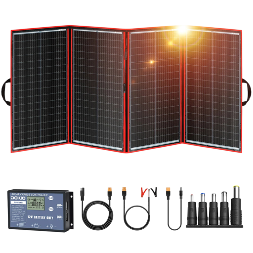 Skládací solární panel 300 W monokrystalický 18 V a 16,67 A rozložený 196 x 95 x 0,6 cm s regulátorem červený na nabíjení 12 V baterie