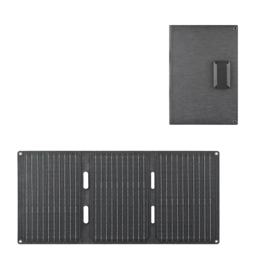 Skládací solární panel 60 W s výstupy USB-C a USB i DC 64,6 x 30,4 cm rozložený Přenosná nabíječka s oky pro zavěšení Šedý Na kempování