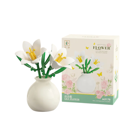Sklădačka floare Crin alb în vază albă Decor elegant din piese de construcție din plastic Ornament floral modern pentru interior