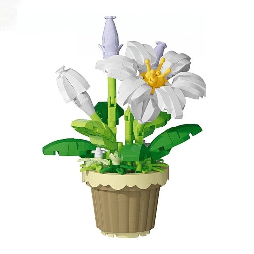 Skládačka květina bílá lilie v hnědém květináči 10 × 7 cm dekorace z plastových stavebnicových kostek