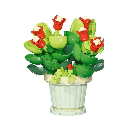 Skládačka květina červené tulipány v zeleném květináči 9 × 8 cm dekorace z plastových stavebnicových kostek