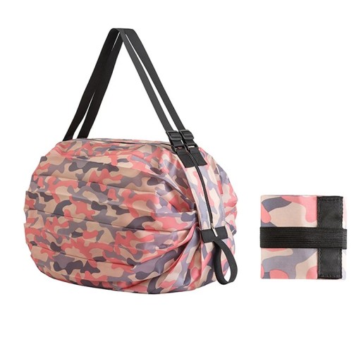 Skládana torba zakupowa STACEYO wodoodporna nylonowa na zamek z regulowanym paskiem rozłożona 40 x 40 cm różowa w kamuflażu na zakupy i podróże