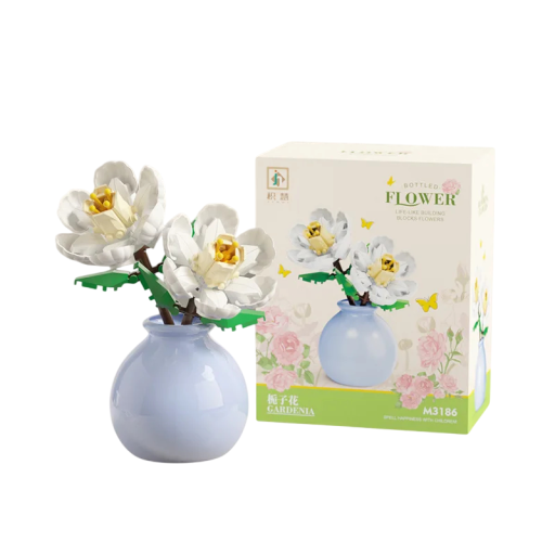 Sklădoare floare Albă gardenie în vază albastră Decorare elegantă din piese de construcție din plastic Ornament stilat pentru interior