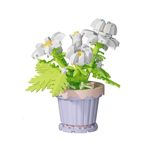 Sklădoare floare albă margaretă în ghiveci violet 9,1 × 8 cm decorare din cărămizi din plastic