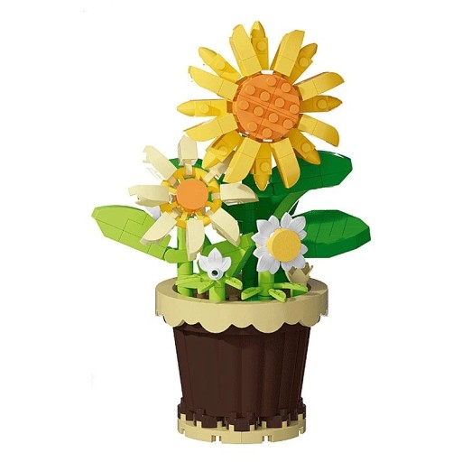 Sklădoare floare floarea-soarelui galbenă în ghiveci maro 10 × 6 cm decorare din piese de construcție din plastic