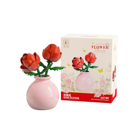 Sklădoare floare Trandafir roșu în vază roz Decor elegant din piese de construcție din plastic Ornament floral stilat