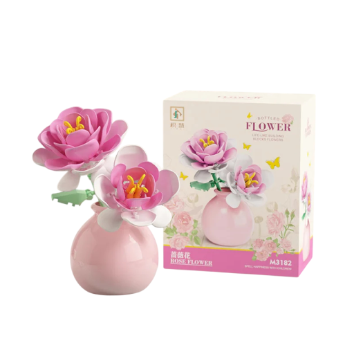Sklădoare floare Trandafir roz în vază roz Decor elegant din piese de plastic pentru construcții Ornament floral stilat