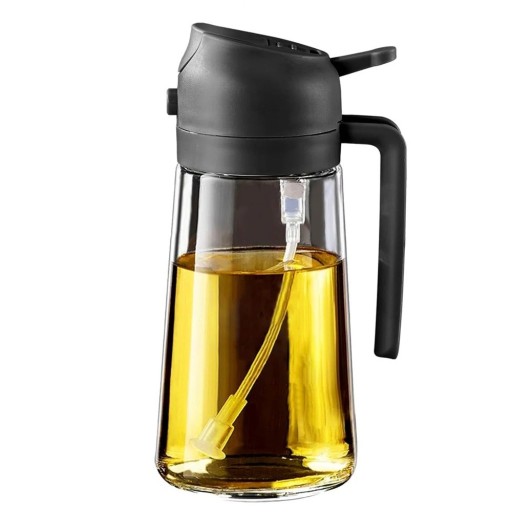 Skleněný dávkovač oleje 470 ml 2v1 s automatickým víčkem Rozprašovač na vaření Kuchyňská lahev Nepropustný design 18×8 cm Sklo