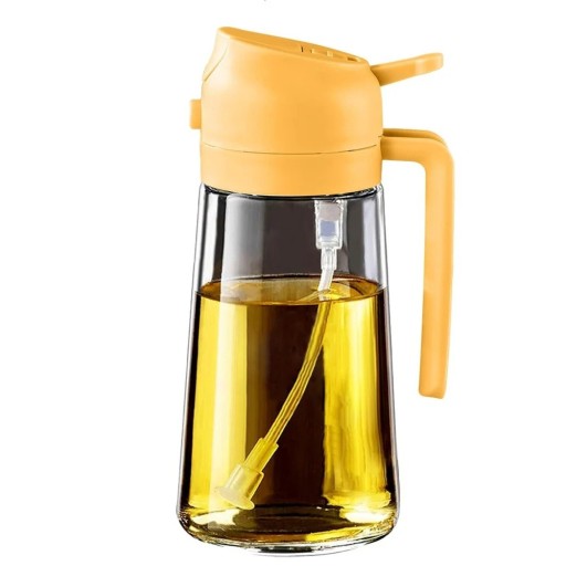Skleněný dávkovač oleje 470 ml 2v1 s automatickým víčkem Rozprašovač na vaření Kuchyňská lahev Nepropustný design 18×8 cm Sklo