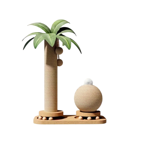 Škrabadlo pre mačky v tvare palmy so sisalovou guľou s bambuľou a dráhou s drevenými guľkami výška 45 cm šírka 38 cm hračka do bytu