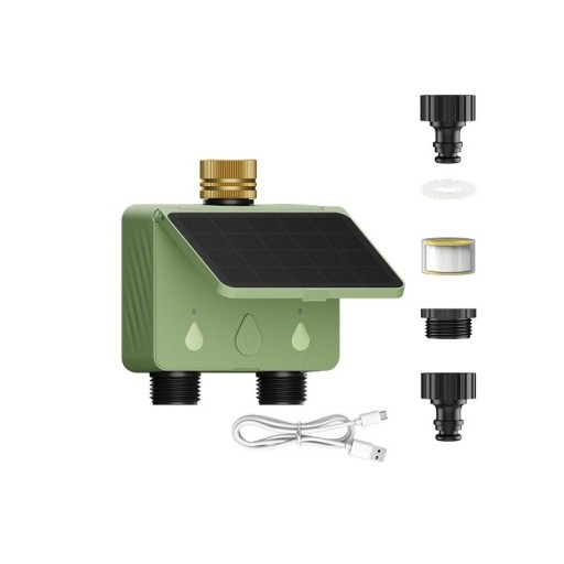 Slimme WiFi zonne-energie tuin irrigatie timer met 2 zones en Tuya Smart app, IP65, voor 3/4 inch kraan, 40 l/min, groen