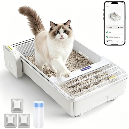 Slimme zelfreinigende kattenbak in witte uitvoering Open constructie en 4 gewichtsensoren Bediening via app en transparante afvalcontainer