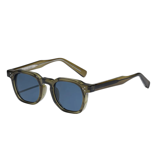 Slnečné okuliare Caterside hranatý dizajn unisex Ochrana UV400 Šírka 144 mm a zorník 47 mm Plastový zelený rámček aj modré zorníky Na cesty
