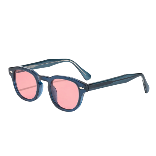 Slnečné okuliare Caterside retro unisex Ochrana UV400 Šírka 138 mm a zorník 45 mm Plastový modrý rámik aj ružové zorníky Na cesty a do mesta