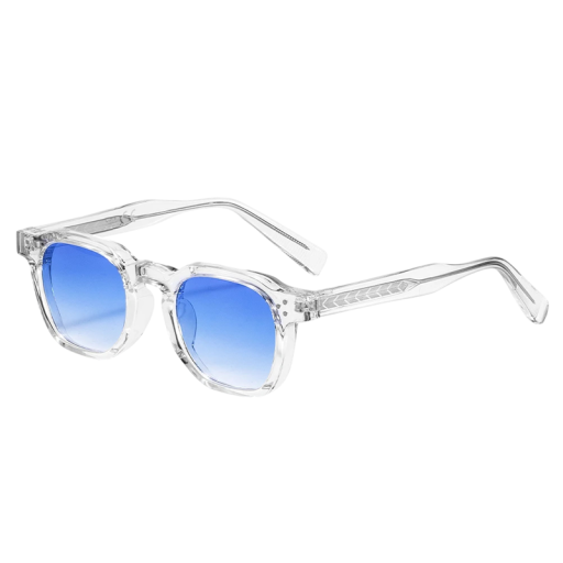 Sluneční brýle hranatý design unisex Ochrana UV400 Šířka 144 mm a zorník 47 mm Plastový čirý rámeček i modré zorníky Na cesty do města