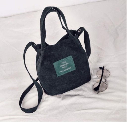 Small Women's Handbag Made of Polyester Ribbed Surface Two Short Handles Long Shoulder Strap Textile Patch Dimensions 21 x 19 x 12 cm