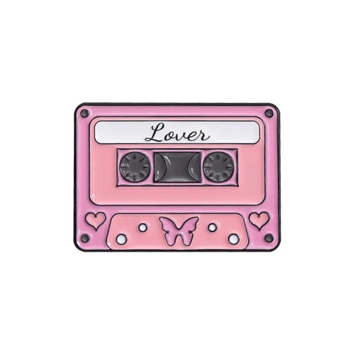 Smaltált zenei kazetta kitűző Lover kb. 2,8 × 2 cm fém brosst rózsaszín retro jelvény kabátra hátizsák táska ruházat